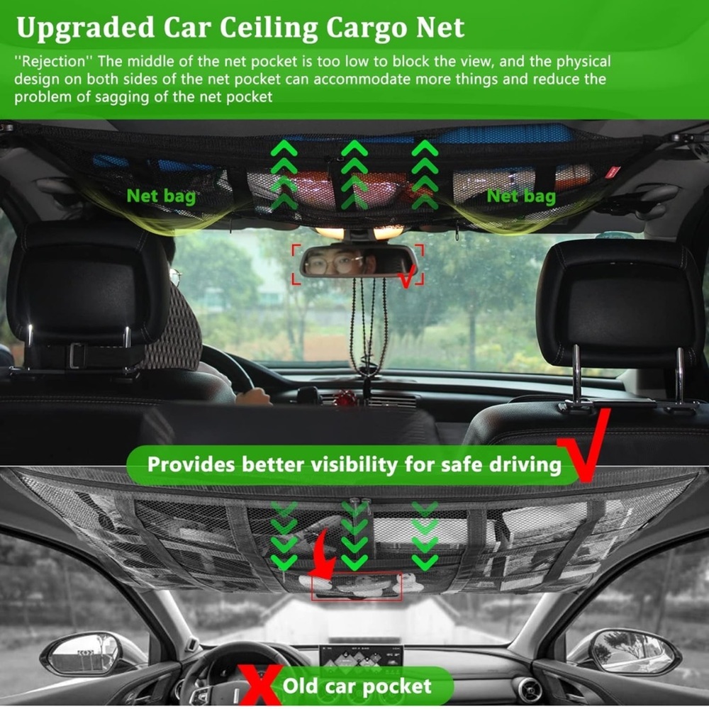 Car Ceiling Cargo Net Pocket 36.7X 26.5in Large Size with 3 Zipper Storage Bags - Picture 4 of 7